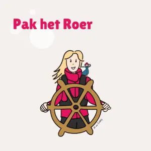 Productblok Pak het Roer: een lachende vrouw in zwemvest pakt het stuurwiel, klaar om het roer van haar leven en business te pakken.