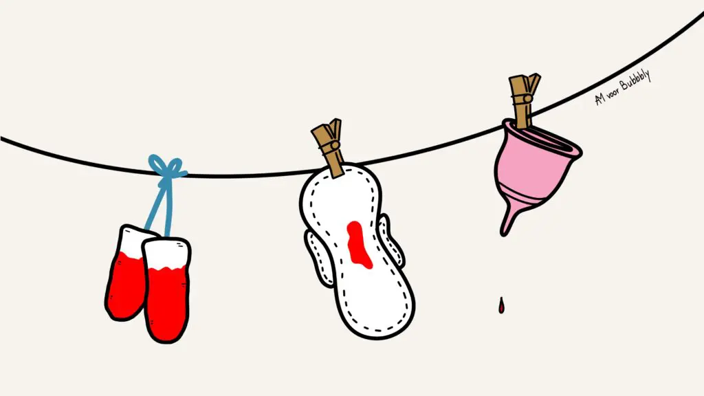 Een waslijn met menstruatieproducten: rode tampons, een maandverband met bloedvlek en een menstruatiecup met bloeddruppel.