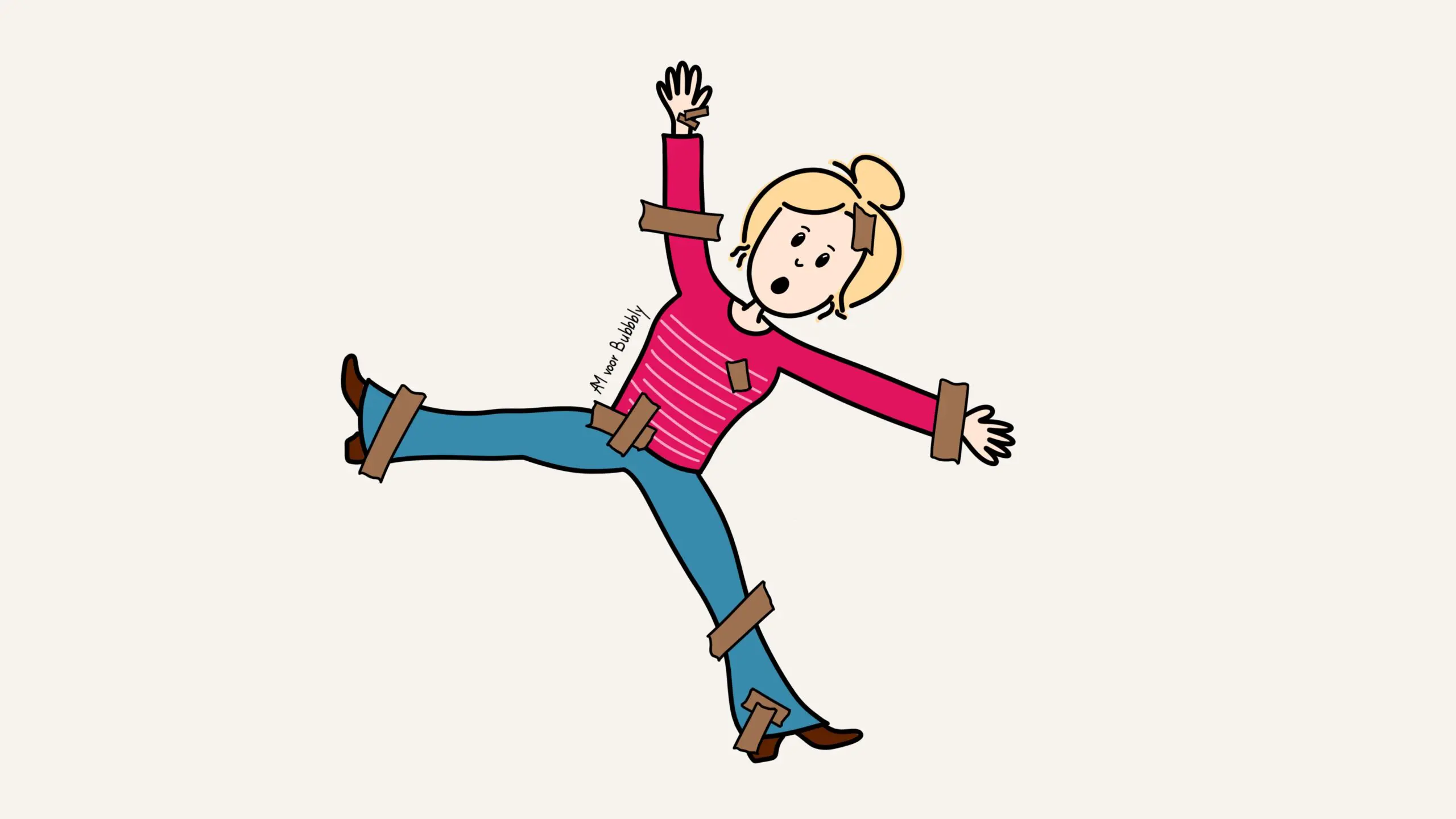 Een tuimelende vrouw in de perimenopauze, bij elkaar geplakt met bruine plakbandstroken op armen, benen en romp.