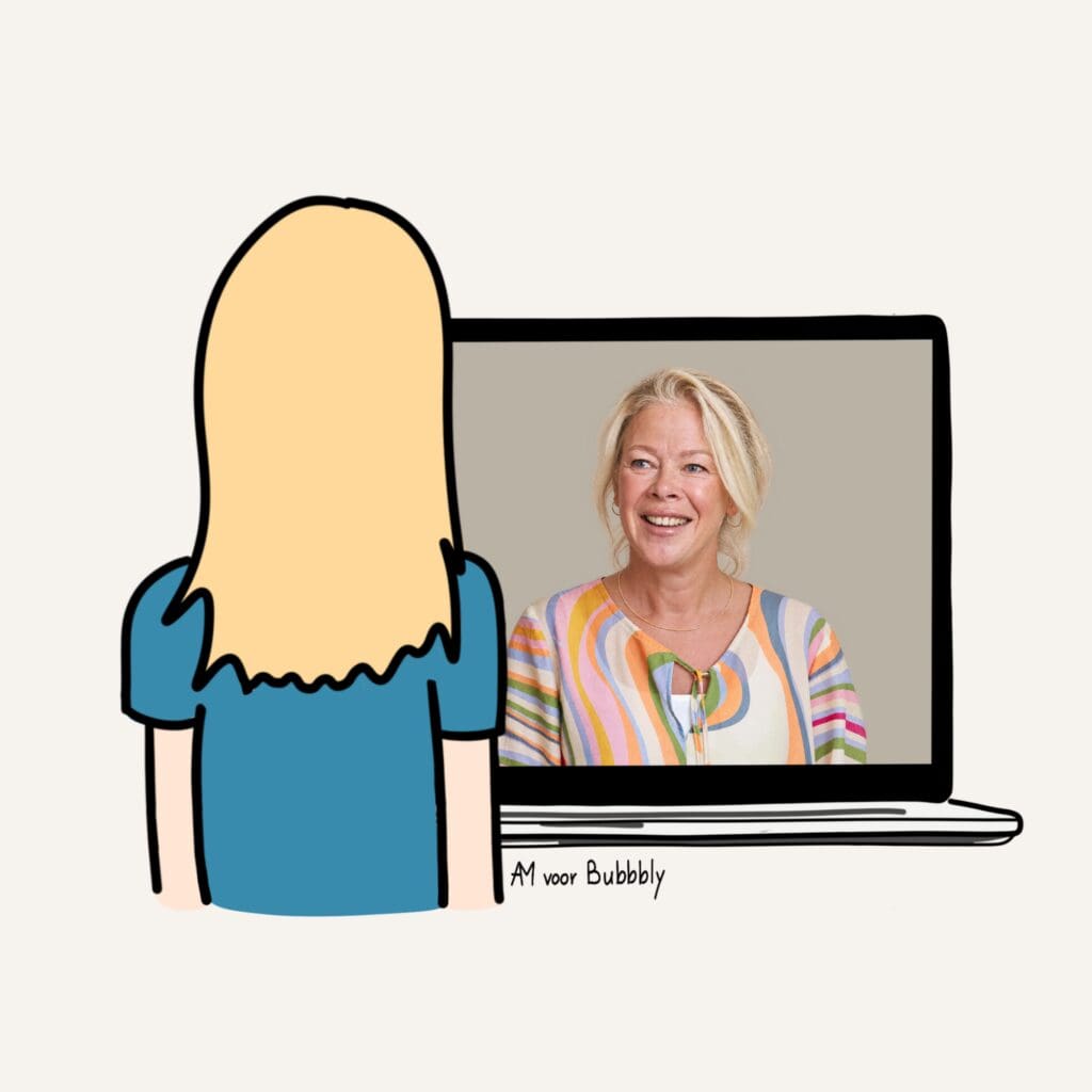 Mock-up van Bepaal je Koers: een vrouw volgt op haar laptop de online sessie met Anne-Marije over zingeving en haar why.