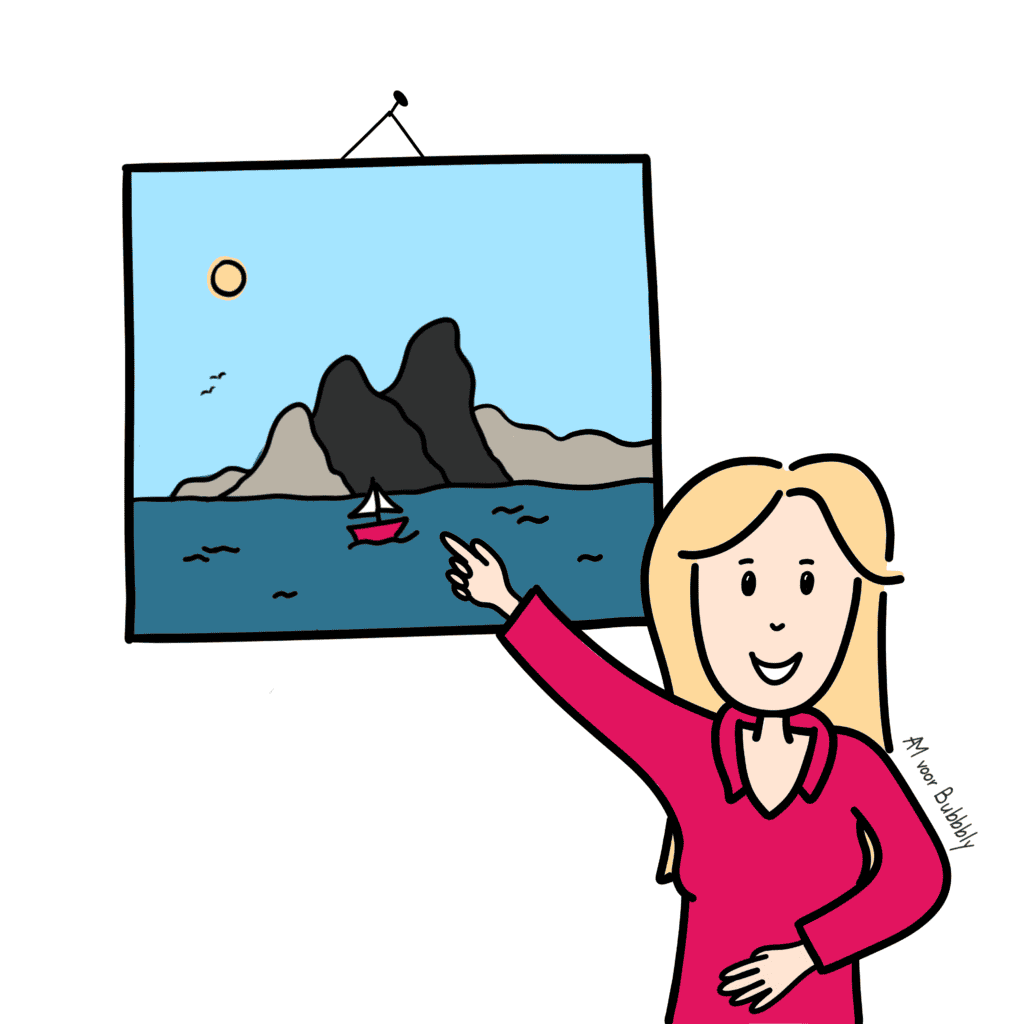 Resultaat van Bepaal je Koers: een lachende vrouw wijst op een illustratie met een eiland en een zeilboot: haar koers staat vast.