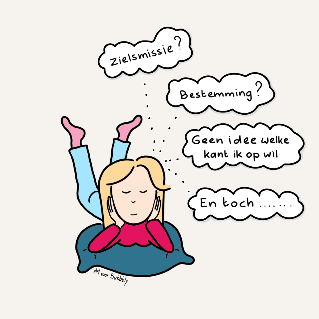 Vrouw in de overgang ligt op een kussen vol vragen: zielsmissie, bestemming, geen idee welke kant ze op wil.