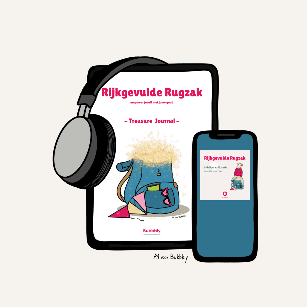 Mock-up van de Rijkgevulde Rugzak: tablet met het Treasure Journal, telefoon met de 5-delige audioserie en een koptelefoon erbij.