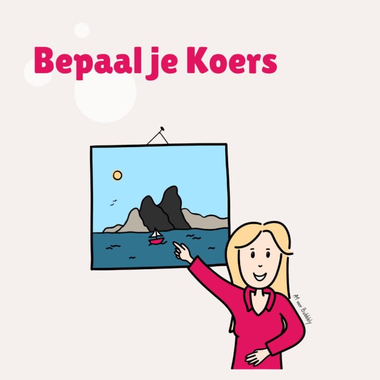 Productblok Bepaal je Koers: een lachende vrouw wijst een illustratie aan van een eiland met zeilboot: haar nieuwe koers.