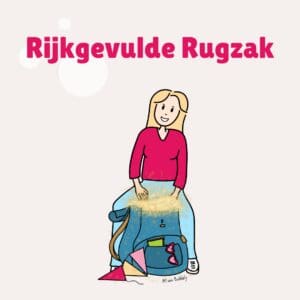 Productblok Rijkgevulde Rugzak: een lachende vrouw zit op een blauwe rugzak die overloopt van goud.