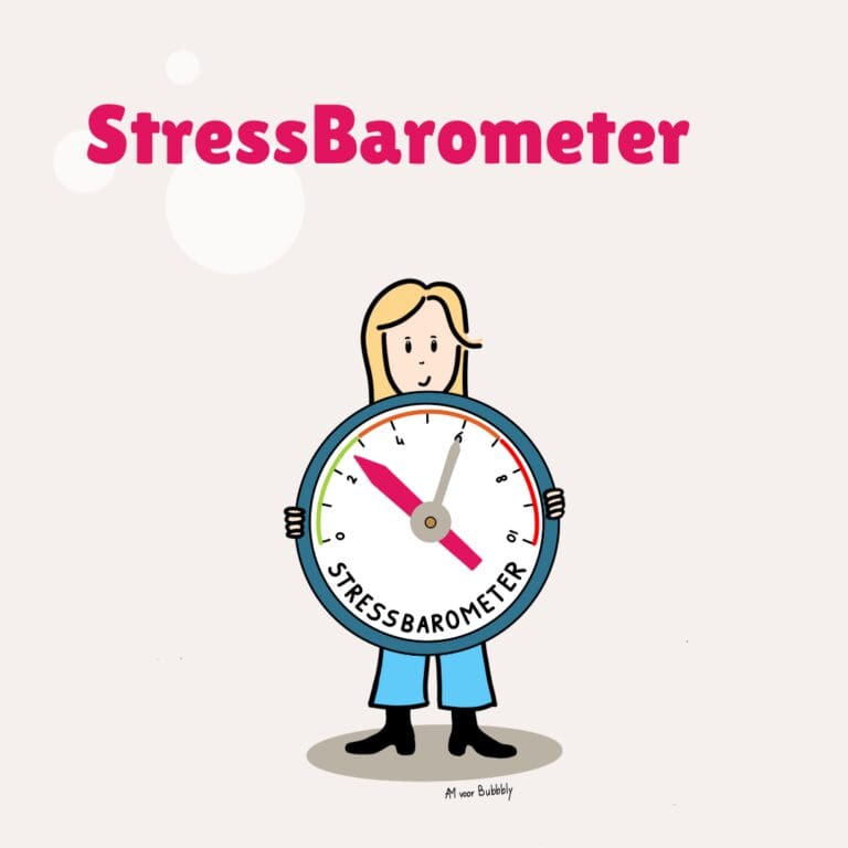 Productblok StressBarometer: een lachende vrouw omarmt een stressmeter, de actuele stand in het groen en de vorige in het oranje.