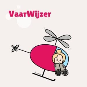 Productblok VaarWijzer: een vrouw in een roze helikopter kijkt met een verrekijker vooruit, op weg naar overzicht.