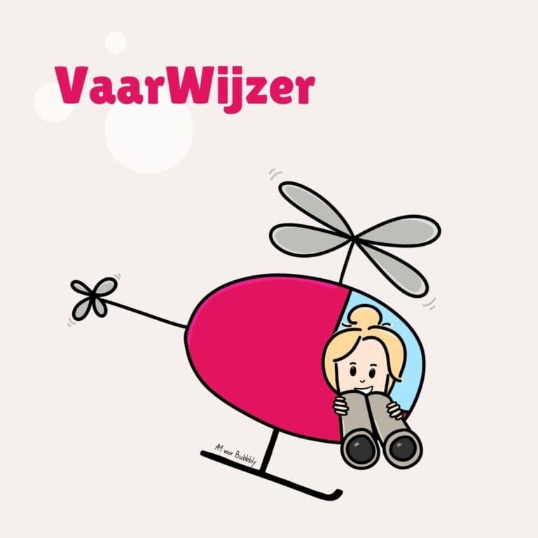 Productblok VaarWijzer: een vrouw in een roze helikopter kijkt met een verrekijker vooruit, op weg naar overzicht.