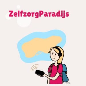 Productblok ZelfzorgParadijs: een vrouw met koptelefoon luistert via haar telefoon naar de audiotour over zelfzorg in de overgang.