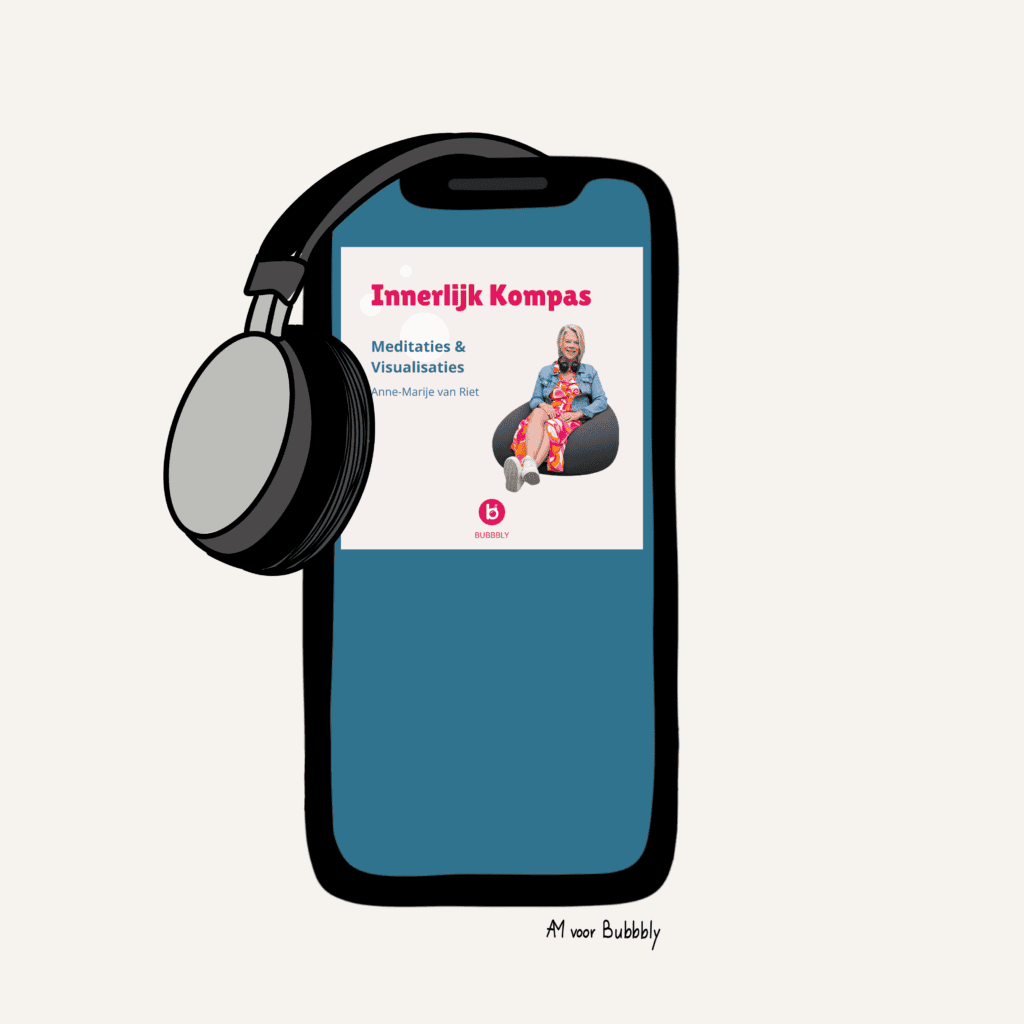 Mock-up van het Innerlijk Kompas: telefoon met de meditaties en visualisaties voor de overgang en een koptelefoon eroverheen.