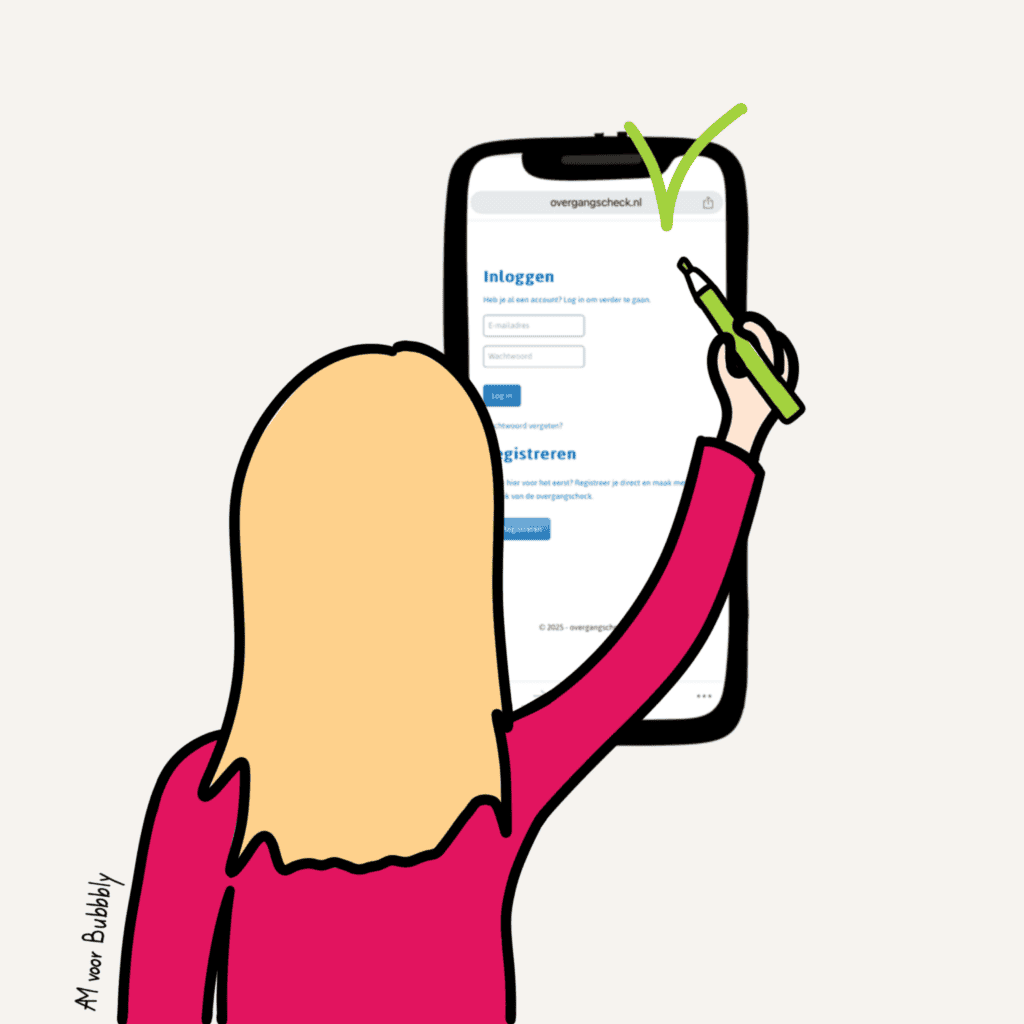 Resultaat van de OvergangsCheck: een vrouw zet een groot groen vinkje boven haar telefoon met het inlogscherm van overgangscheck.nl.
