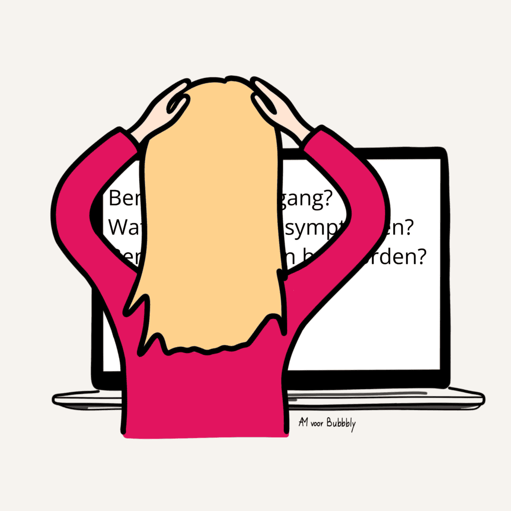 Vrouw met de handen in het haar achter haar laptop, op het scherm zoekvragen over de overgang zoals 'Ben ik in de overgang?'