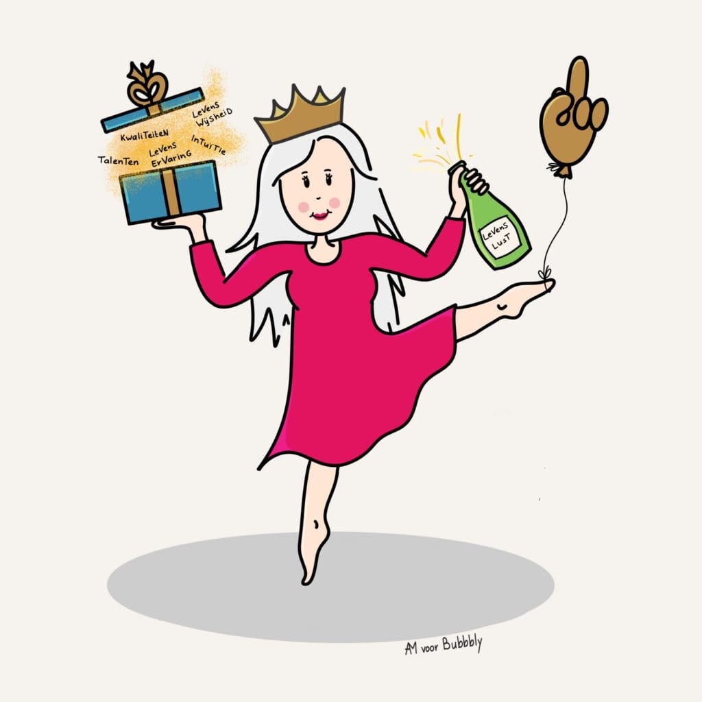 Resultaat van Pak het Roer: een gekroonde vrouw danst met een fles LevensLust en een doos vol kwaliteiten, talenten en levenswijsheid.