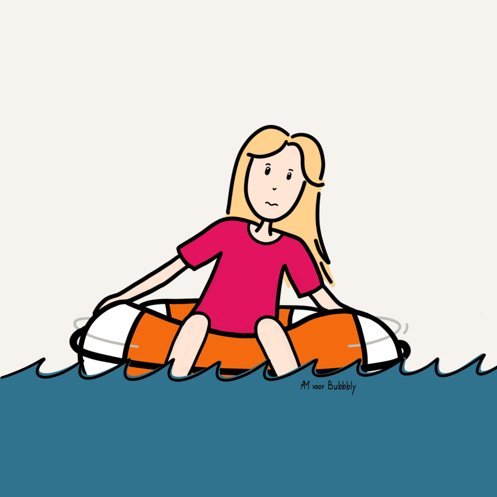 Bezorgde vrouw drijft in een reddingsboei op zee: in de overgang kun je stuurloos voelen en vastlopen.