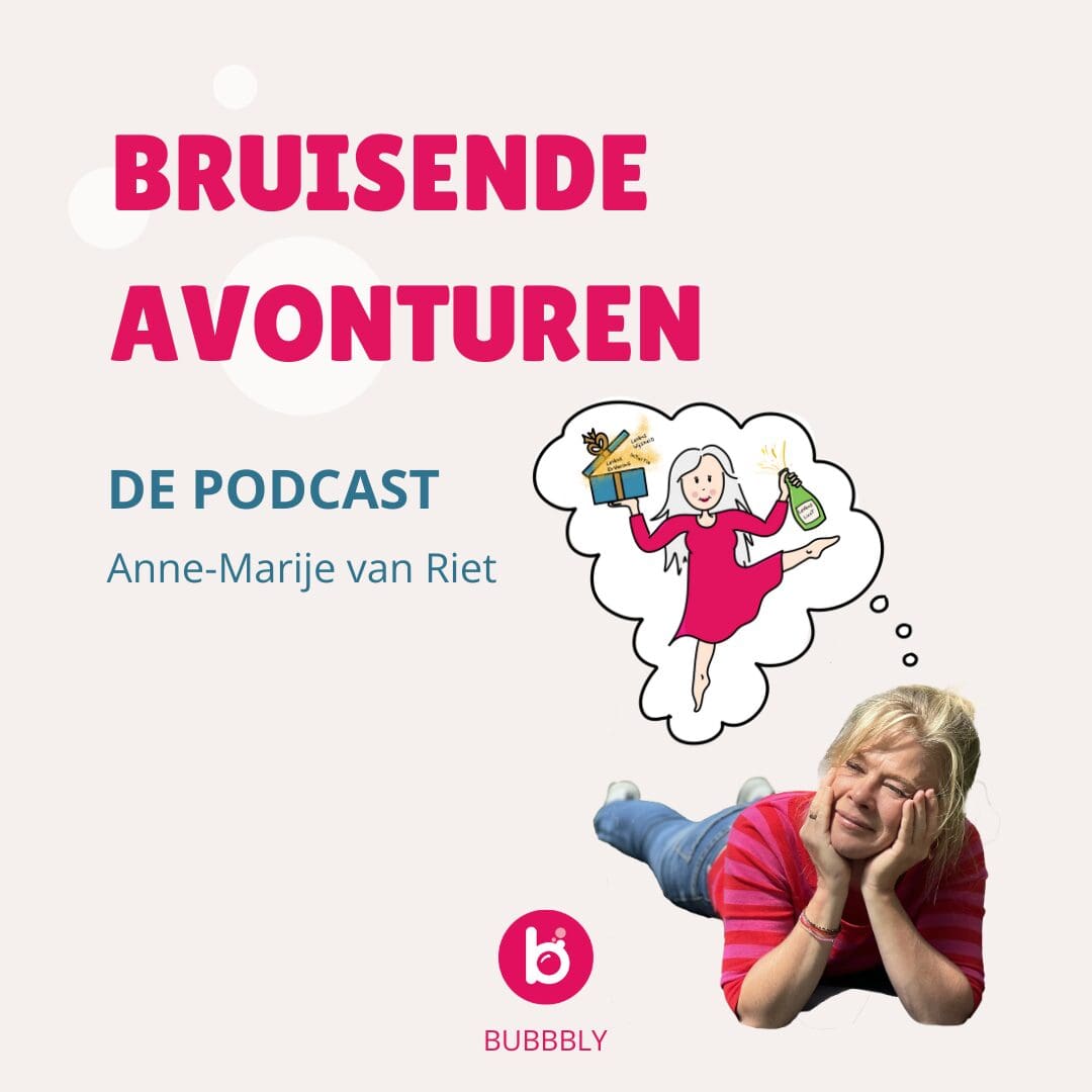 Anne-Marije van Riet dagdroomt over de winst van de overgang: een dansende vrouw met een kado vol kwaliteiten en een fles vol levenslust.