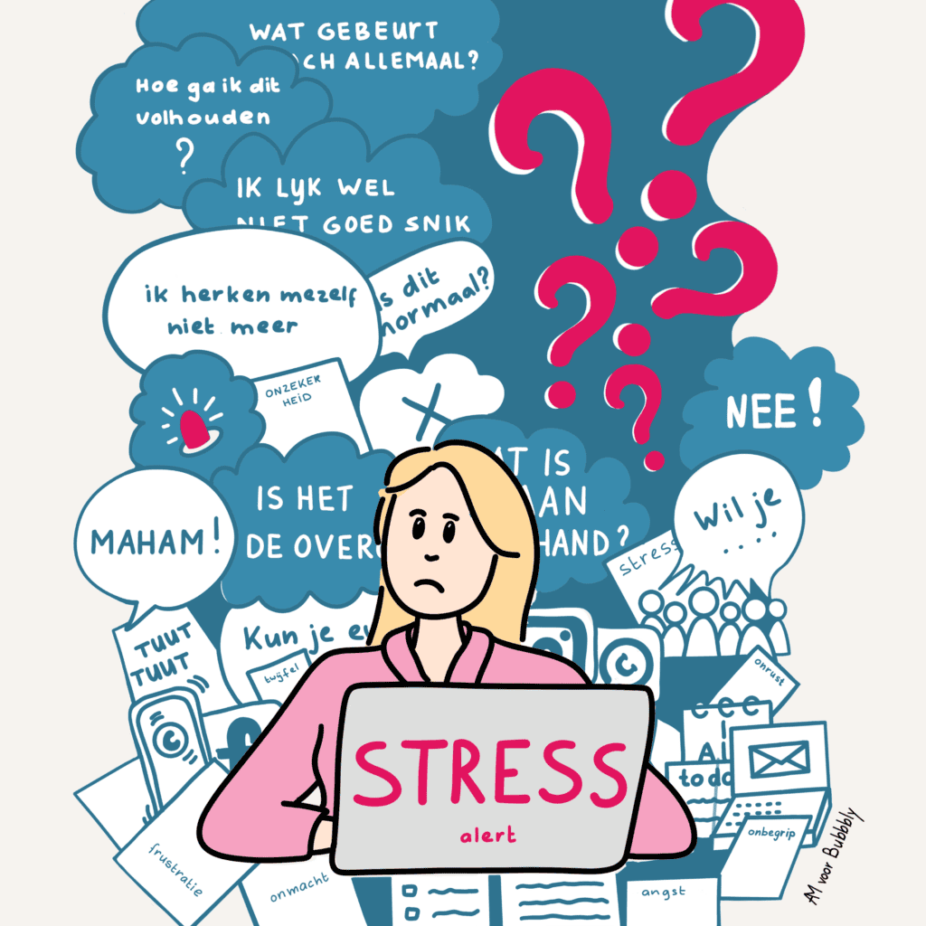 Vrouw achter haar laptop voelt stress in de overgang oplopen: haar hoofd zit vol vragen, onrust en onzekerheid.