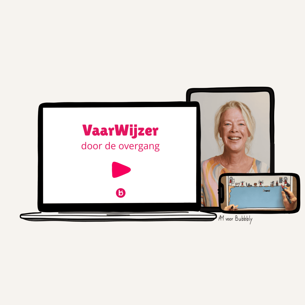 Mock-up van de VaarWijzer: video over de overgang op laptop, tablet en telefoon, met Anne-Marije zichtbaar op het scherm.