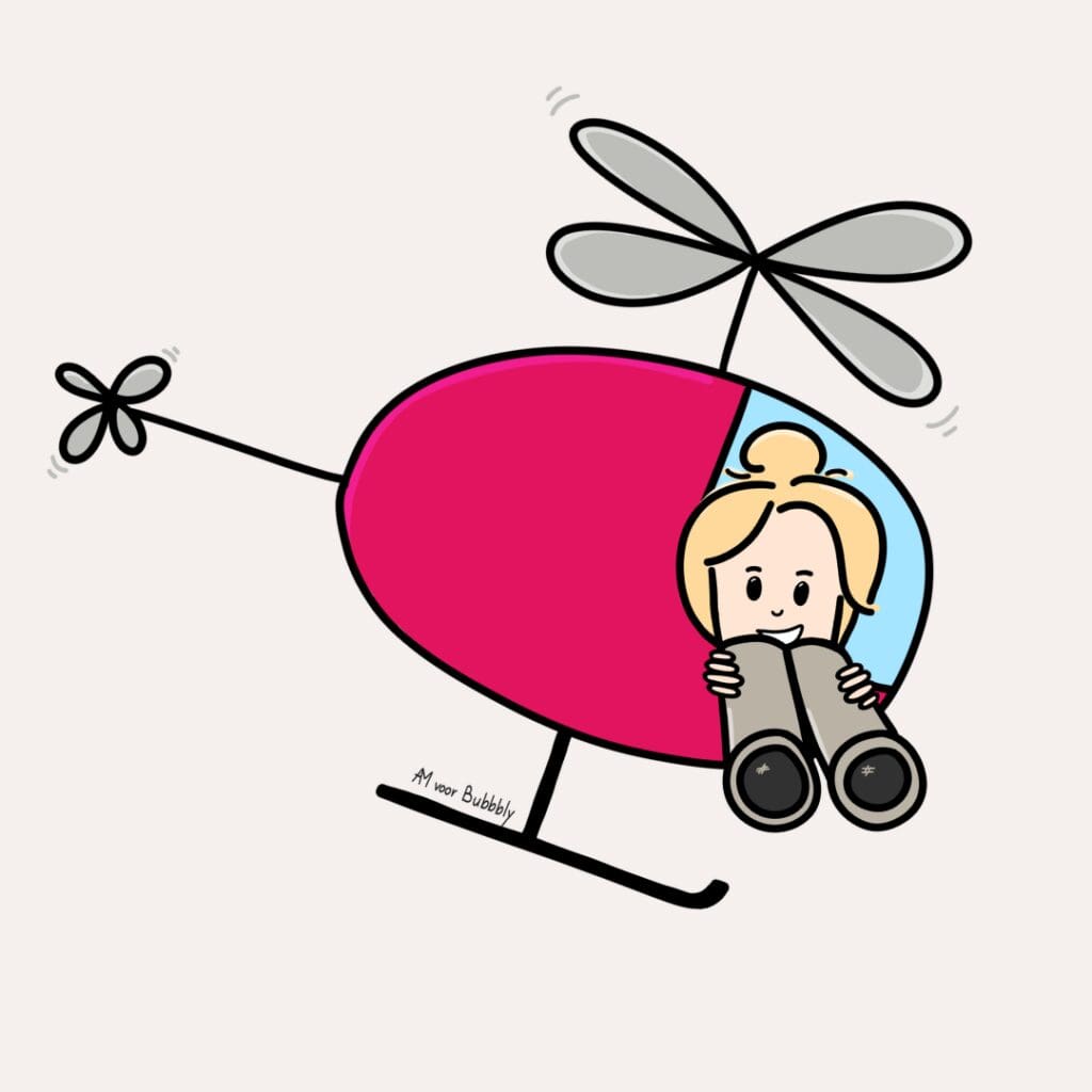 Resultaat van de VaarWijzer, de online masterclass over de overgang: een blije vrouw kijkt vooruit vanuit haar roze helikopter.