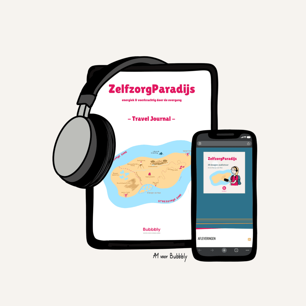 Mock-up van het ZelfzorgParadijs: tablet met Travel Journal, telefoon met de 30-daagse audiotour en een koptelefoon erbij.